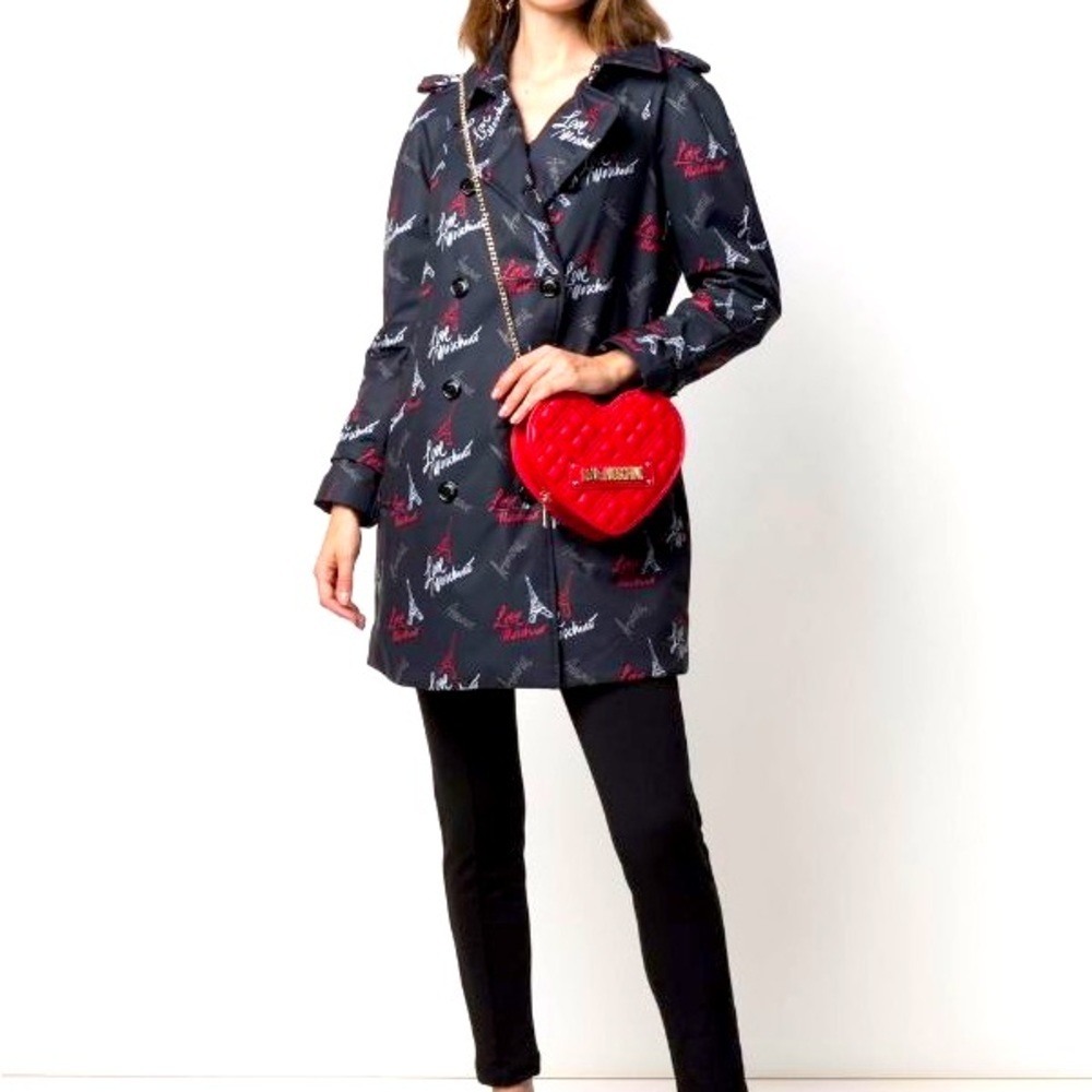 Love Moschino Graphic Print Canvas Navy Women’s Trench Coat Size 6 NWT